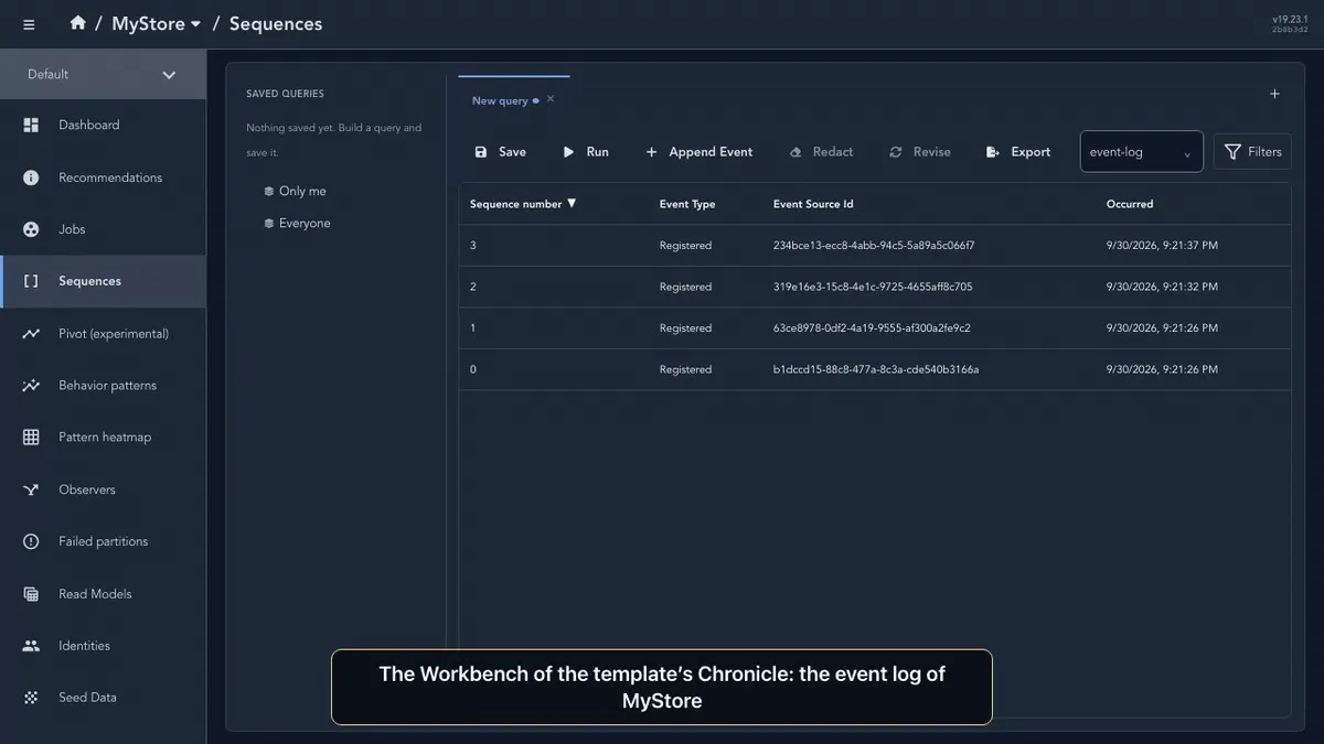 Screen recording of the Chronicle Workbench event log of the MyStore store with four Registered events. One event is opened and its content shows the name Corwin Ashdown that was typed into the dialog.