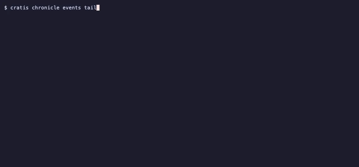 Terminal recording: events tail prints sequence number 3 and observers list shows Next# 4 and LastHandled# 3. After one more name is registered, events tail prints 4 and the same observers show Next# 5 and LastHandled# 4.