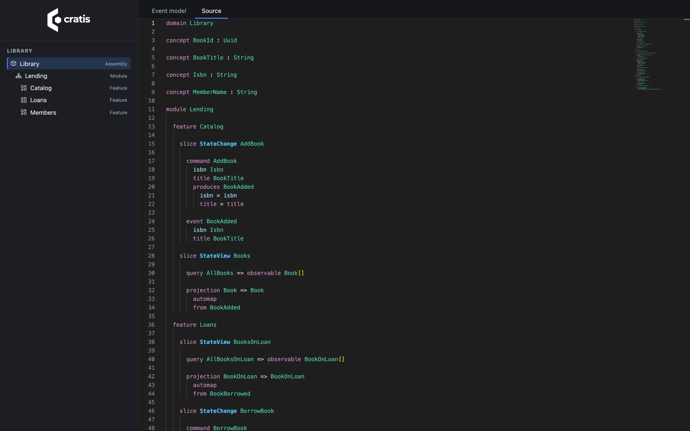 The Source tab of cratis view, showing the generated Screenplay for the library application with syntax highlighting: the Library domain, its concepts, the Lending module and its Catalog and Loans features.