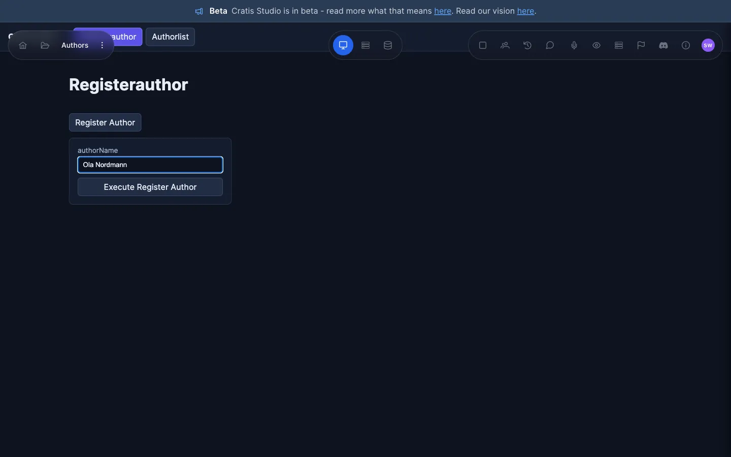 Cratis Studio running the model with Play. A generated page titled Registerauthor shows a form with an authorName field containing Ola Nordmann and a button, Execute Register Author.