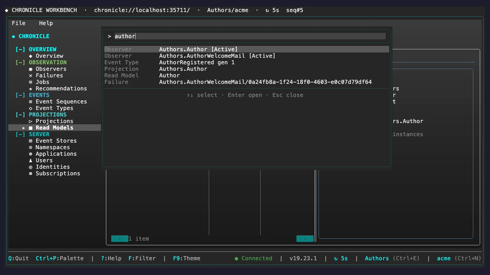 The command palette in the terminal workbench with the search author. It lists two observers, the AuthorRegistered event type, the projection, the read model and the failed partition.