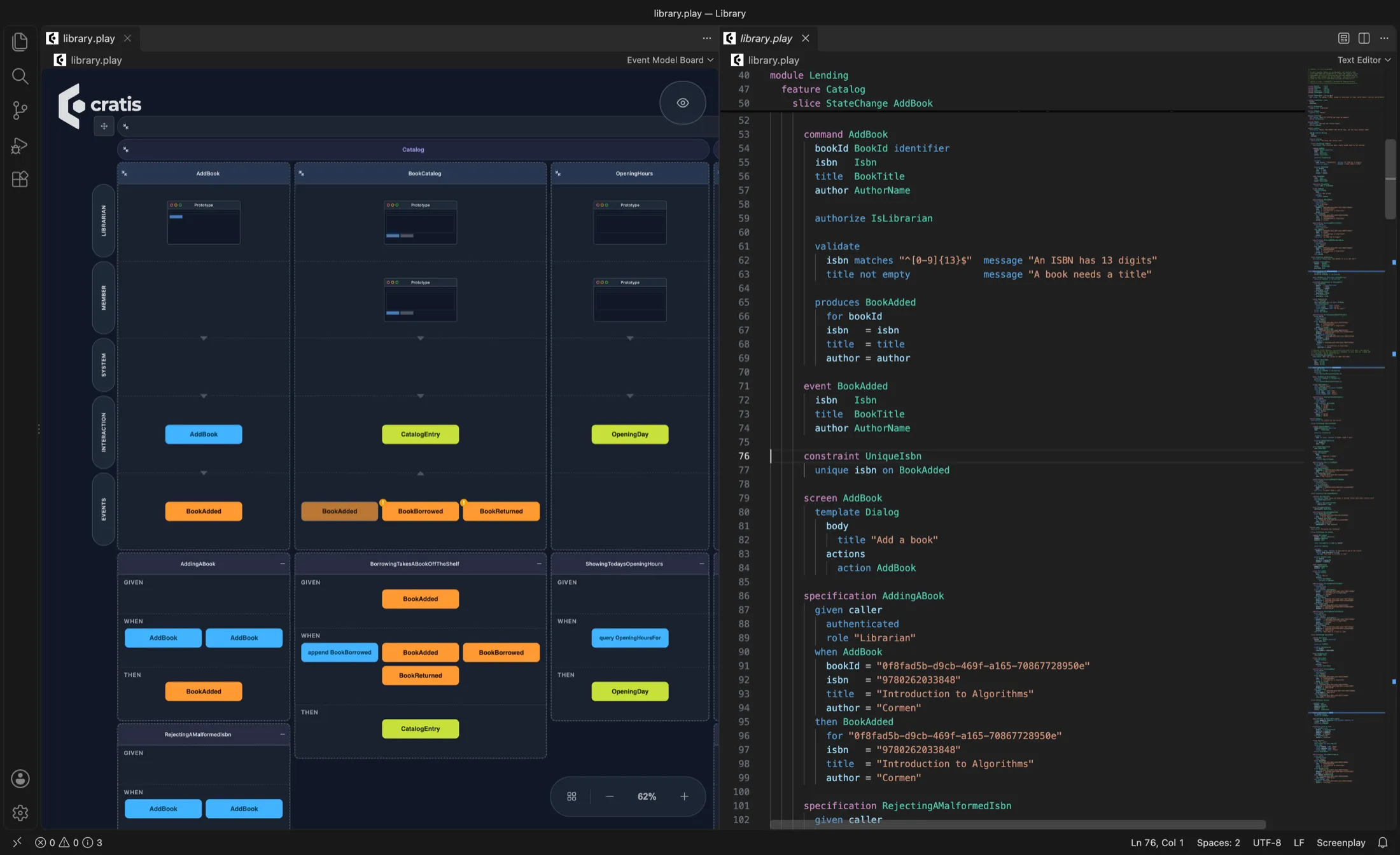 VS Code with the Library sample’s library.play open twice side by side. On the left, the event model board shows the Catalog feature: AddBook, BookCatalog and OpeningHours slices with persona rows for Librarian and Member, commands, read models, events, and Given/When/Then specifications below. On the right, the Screenplay source of the AddBook slice with its command, validation, produces block, event, constraint, screen and specification.