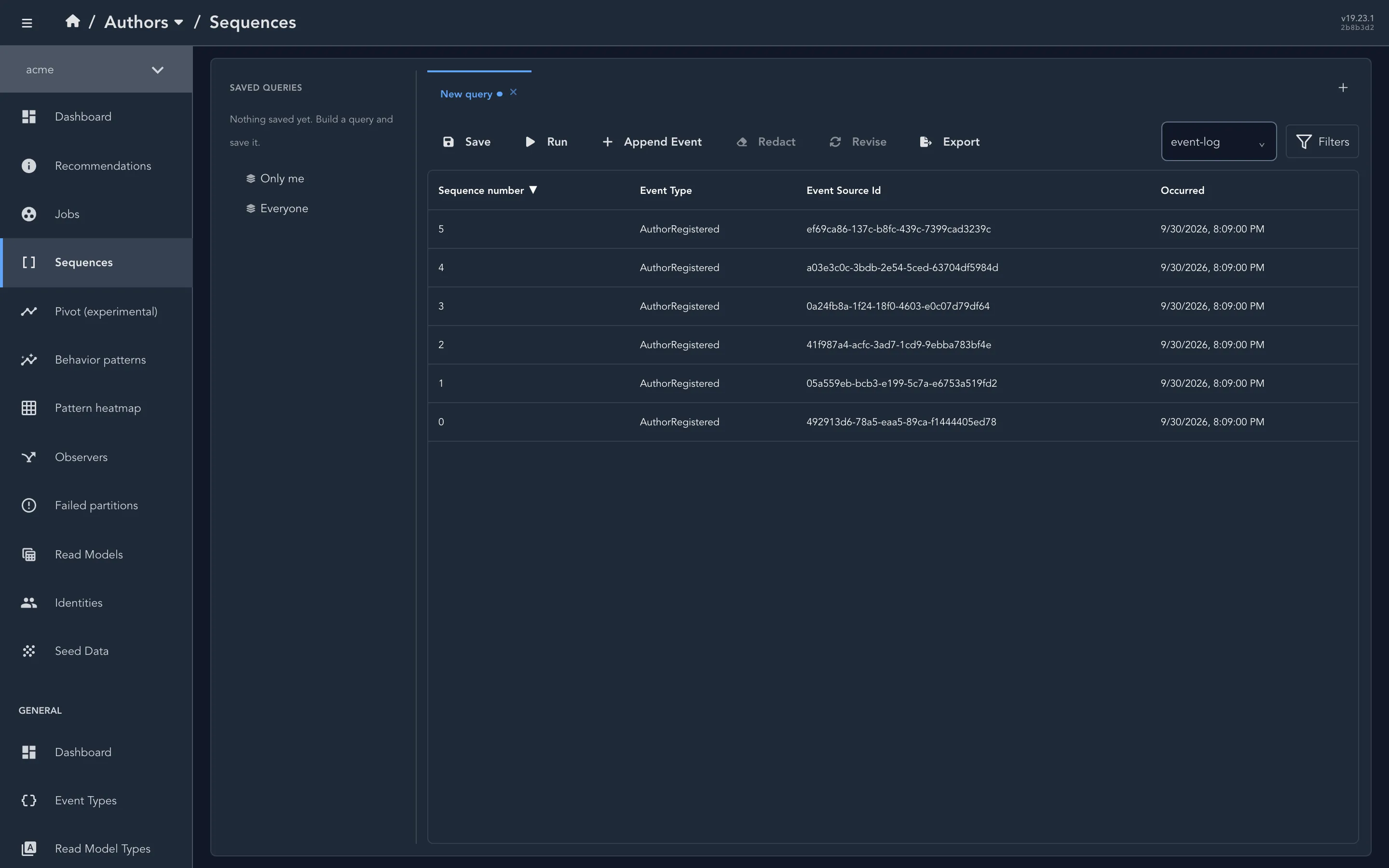 The Sequences page for the acme namespace of the Authors event store, showing six AuthorRegistered events with sequence numbers 0 to 5, their event source ids and times.