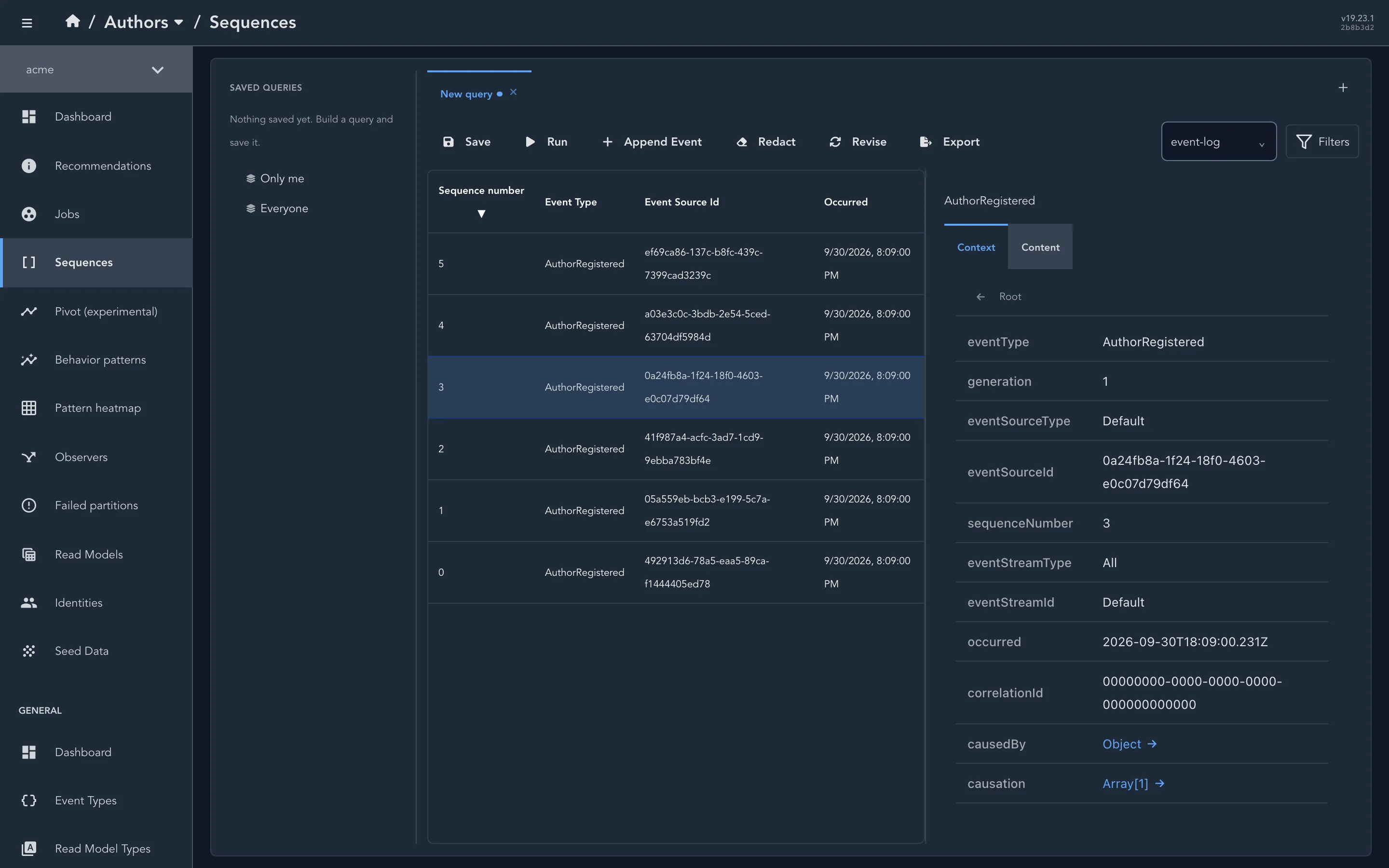 The same Sequences page with the event at sequence number 3 selected. Its Context tab lists the event type AuthorRegistered, the event source id, sequence number 3, the time it occurred and its causation.