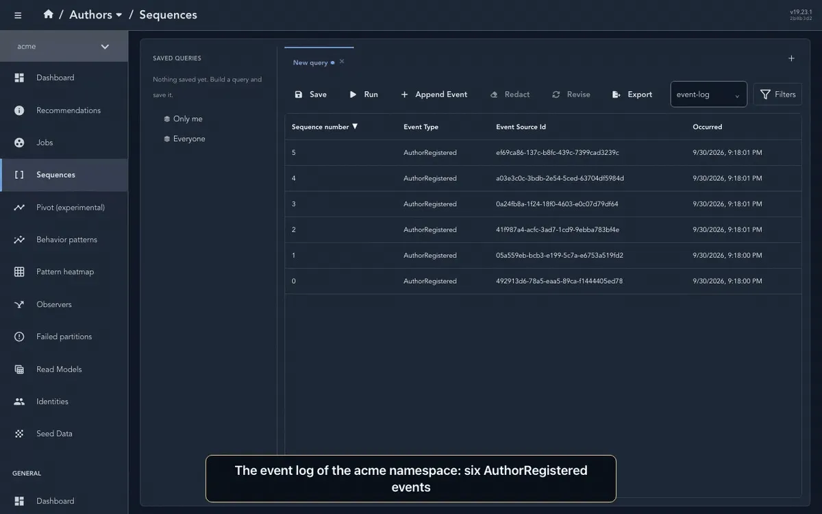 Screen recording of the Chronicle Workbench. The event log of the acme namespace lists six AuthorRegistered events. One is opened to show its context and its content, the name Corwin Ashdown. The Read Models page then lists the Author instance with the same id and name.