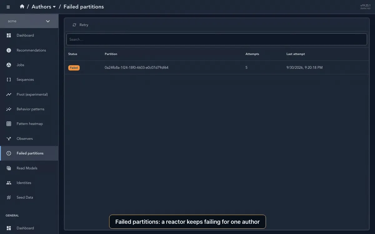 Screen recording of the Workbench Failed partitions page. A failed partition with its attempt messages is selected, Retry is pressed after the cause has been fixed off screen, and the list becomes empty. The Observers page then shows both Authors observers Active with six handled events.
